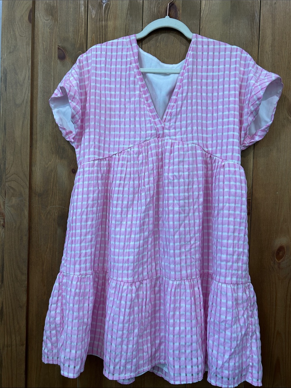 Pink Gingham V-Neck Tiered Dress